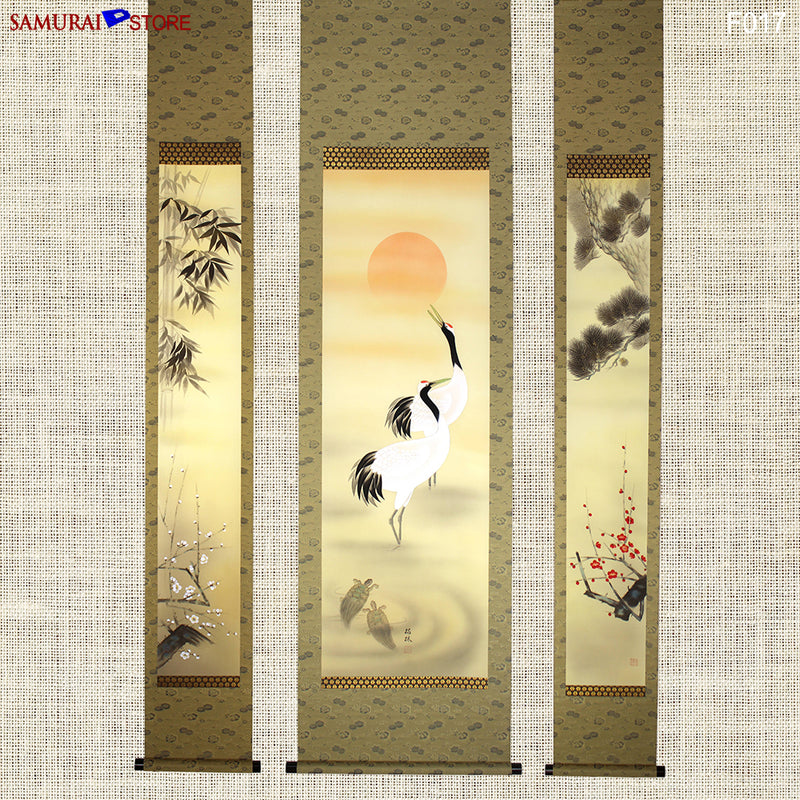 Set of 3 Hanging Scrolls Painting Pine Bamboo Plum Trees Cranes Turtles  - Kakejiku F017 - SAMURAI STORE
