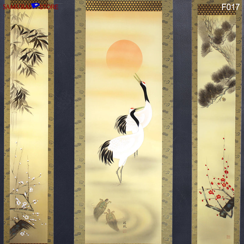Set of 3 Hanging Scrolls Painting Pine Bamboo Plum Trees Cranes Turtles  - Kakejiku F017 - SAMURAI STORE